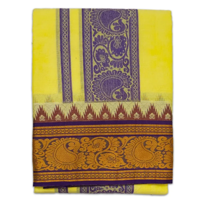 Yellow Colour Premium Embose Cotton Dhoti with Towel 9X5 - Image 1