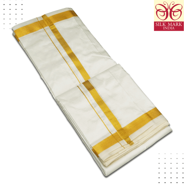 Pure Silk Cream Color Dhoti 1 Inch Golden Zari - Image 2