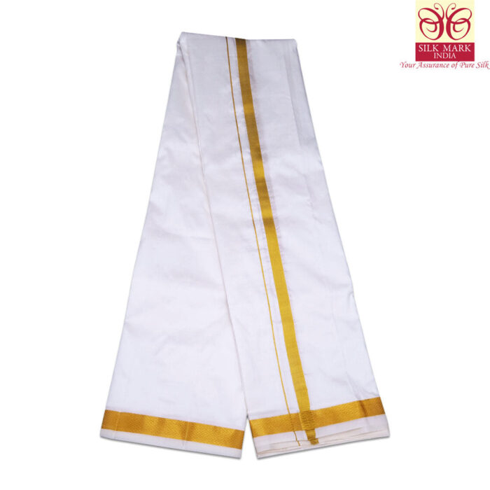 Pure Silk White Color Dhoti 1 Inch Golden Zari - Image 3