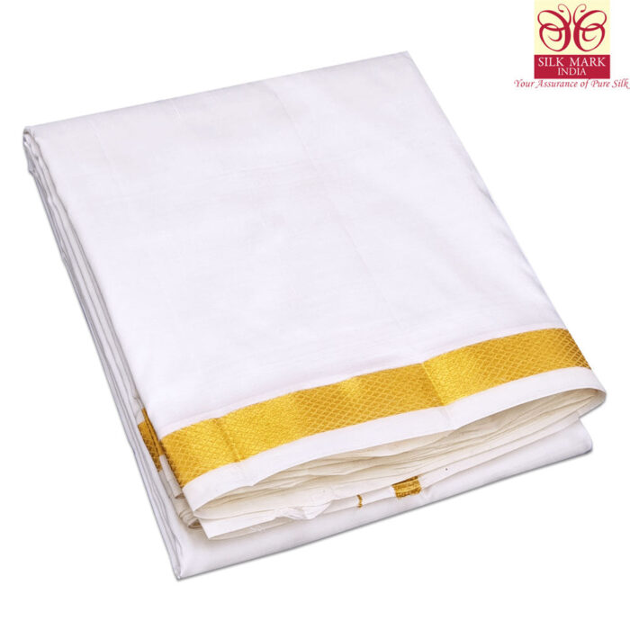 Pure Silk White Color Dhoti 1 Inch Golden Zari - Image 1