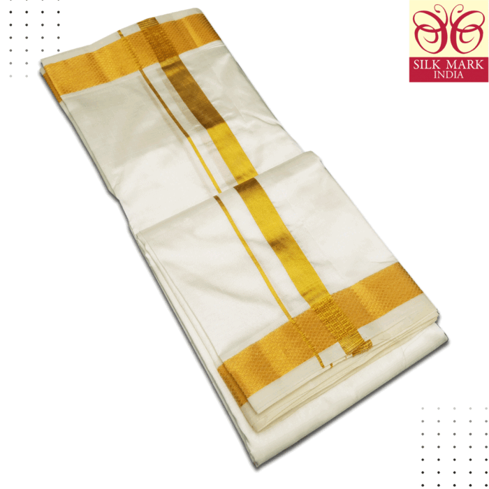 Pure Silk Half White Cream Color Dhoti 1.5 Inch Golden Zari - Image 2