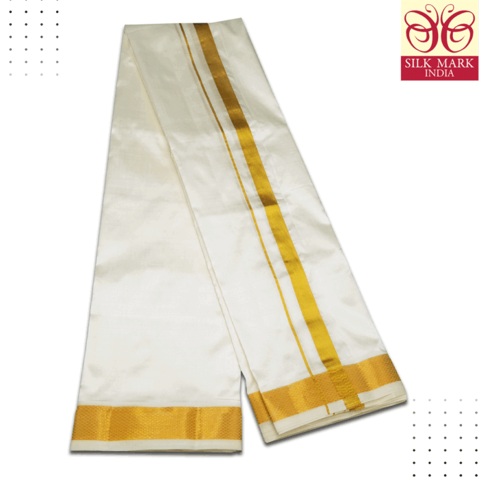 Pure Silk Half White Cream Color Dhoti 1.5 Inch Golden Zari - Image 3