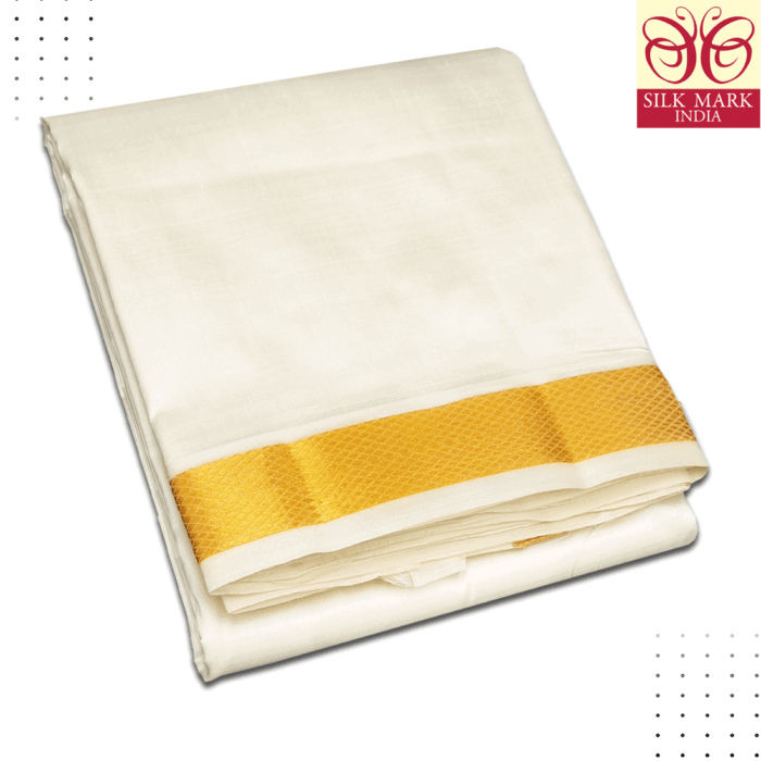 Pure Silk Half White Cream Color Dhoti 1.5 Inch Golden Zari - Image 1