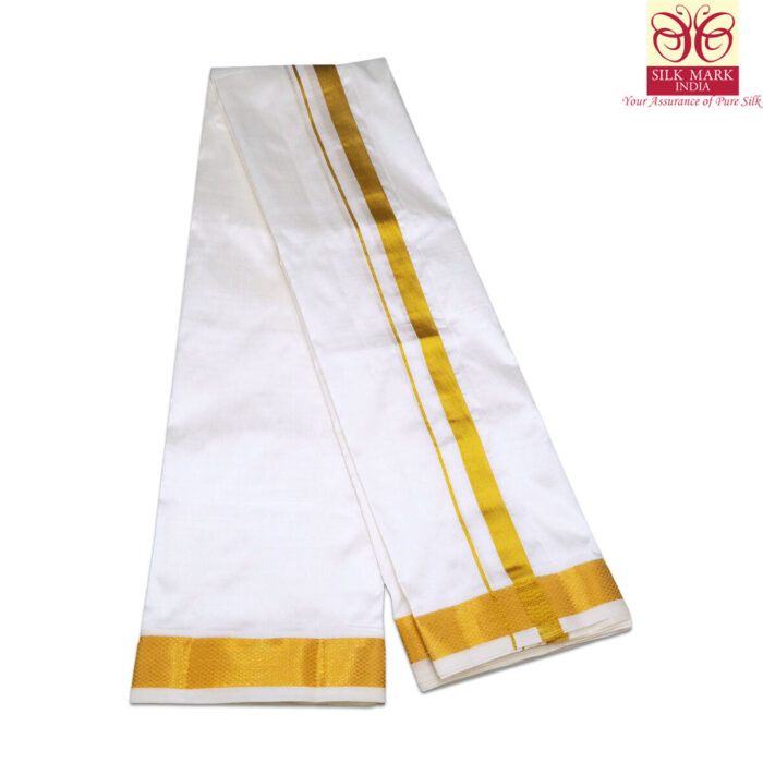 Pure Silk White Color Dhoti 1.5 Inch Golden Zari - Image 3