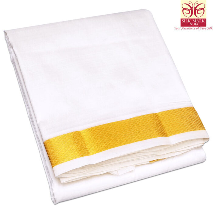 Pure Silk White Color Dhoti 1.5 Inch Golden Zari - Image 1