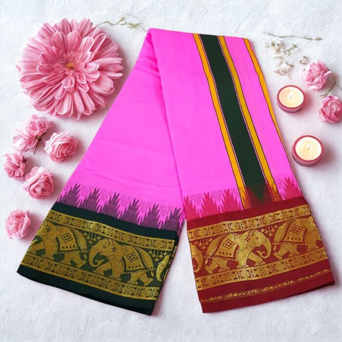 Pink Color Karishma Soft Silk 7 Inch Border Fine Quality Dhoti - Image 2