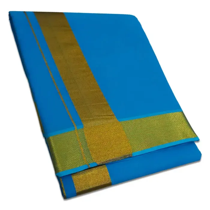 Anandha Blue Color Dhoti with Golden Zari Border - Image 1