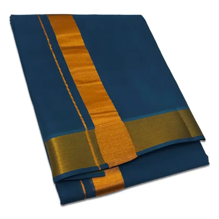 Peacock Neck Color Dhoti with Golden Zari Border - Image 1