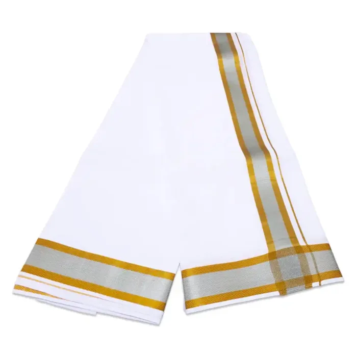 2 Inch Silver Gold Zari Border White Dhoti - Image 2