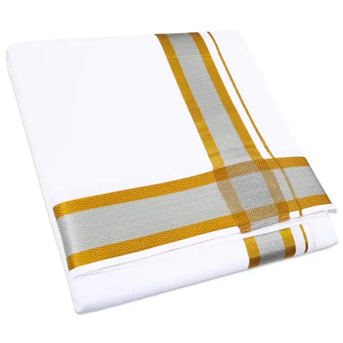 2 Inch Silver Gold Zari Border White Dhoti - Image 1