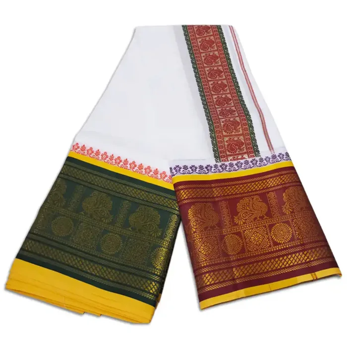Peacock Deisgned 10" Border Self White Dhoti 9X5 - Image 2