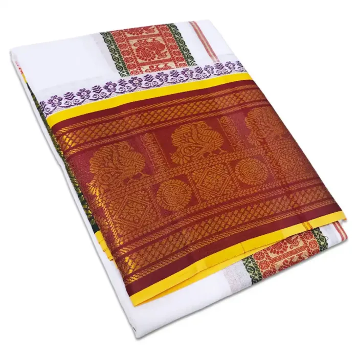 Peacock Deisgned 10" Border Self White Dhoti 9X5 - Image 1