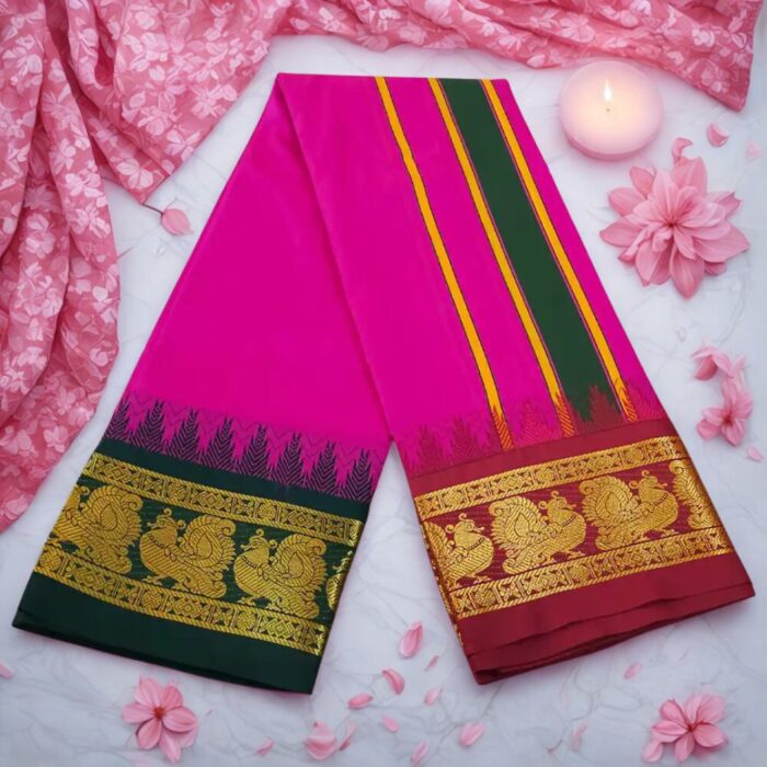 Queen Rose Color Karishma Soft Silk 7 Inch Border Fine Quality Dhoti - Image 2