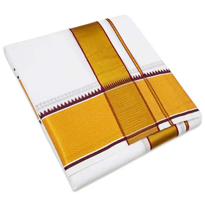 3 Inch Golden Zari Fancy Border White Dhoti - Image 1
