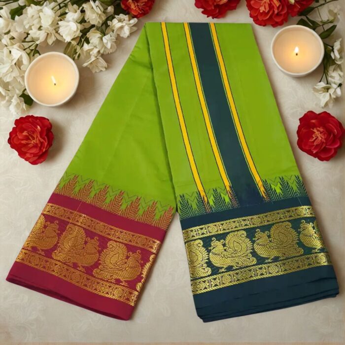 Mint Green Color Karishma Soft Silk 7 Inch Border Fine Quality Dhoti - Image 2