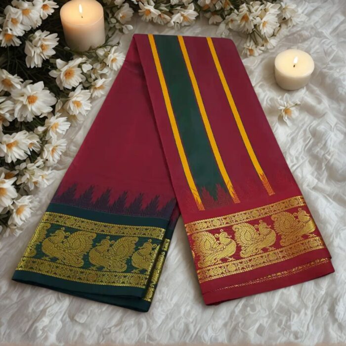 Maroon Color Karishma Soft Silk 7 Inch Border Fine Quality Dhoti - Image 2