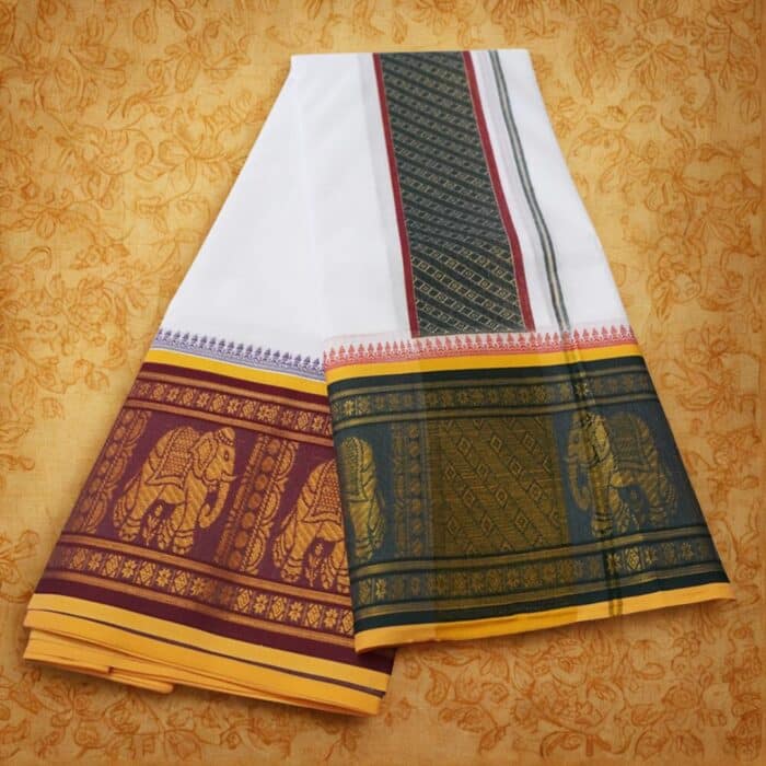 Elephant Designed 10" Border Self White Export Quality Dhoti 9X5 - Image 2
