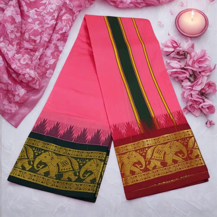 Light Rose Color Karishma Soft Silk 7 Inch Border Fine Quality Dhoti - Image 2