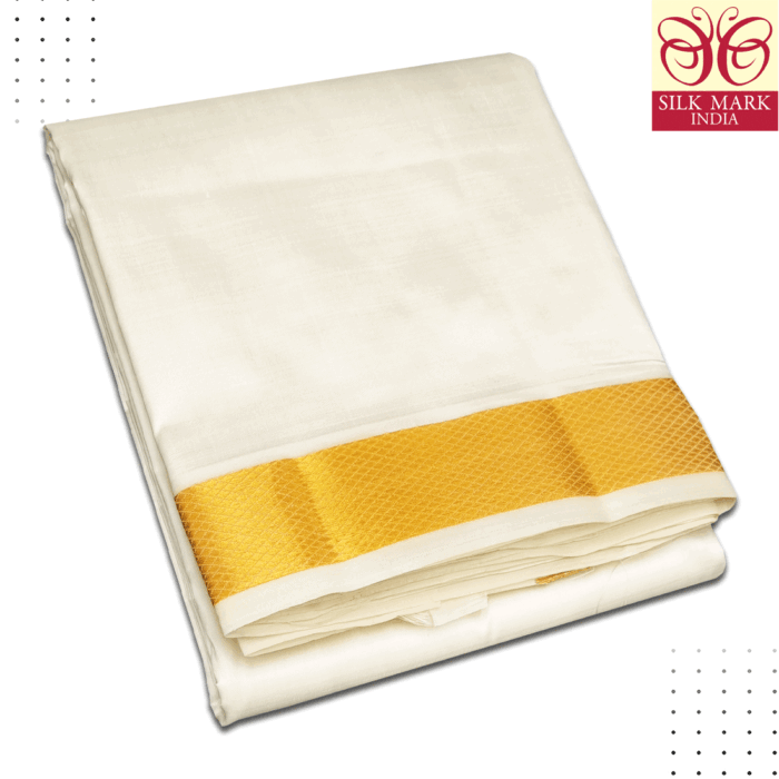 Pure Silk Off White Cream Color Dhoti 2 Inch Golden Zari - Image 1