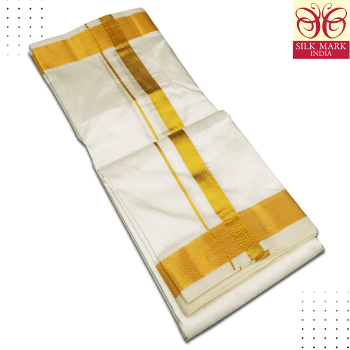 Pure Silk Off White Cream Color Dhoti 2 Inch Golden Zari - Image 2