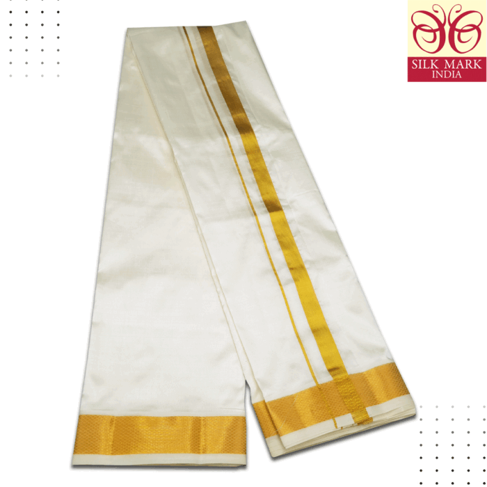 Pure Silk Off White Cream Color Dhoti 2 Inch Golden Zari - Image 3