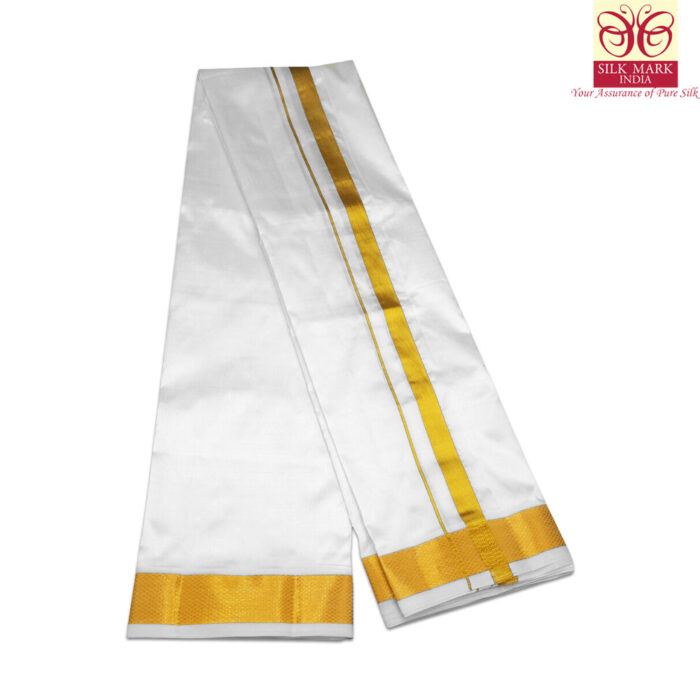 Pure Silk White Cream Color Dhoti 2 Inch Golden Zari - Image 2