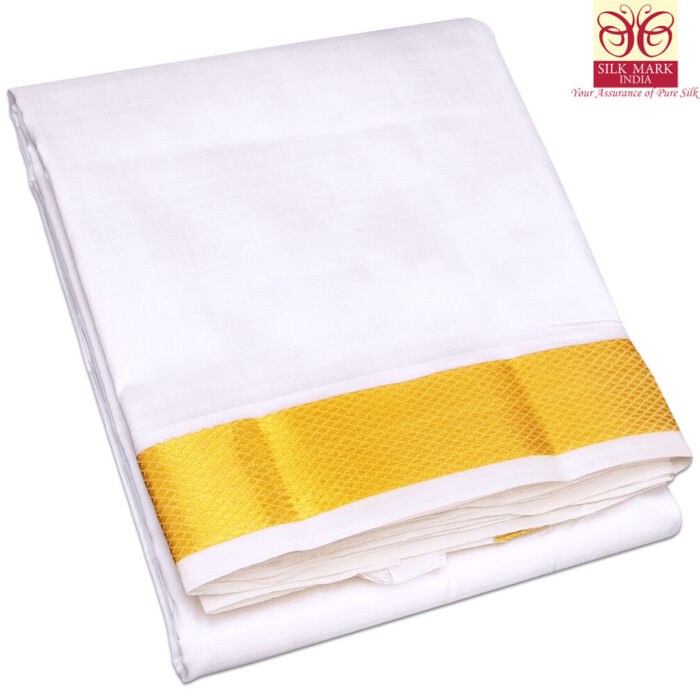 Pure Silk White Cream Color Dhoti 2 Inch Golden Zari - Image 1