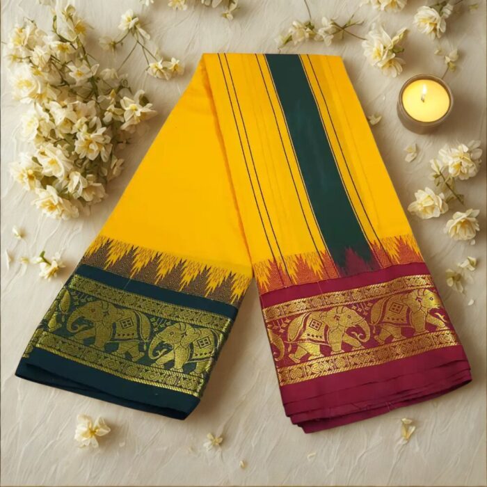 Mango Color Karishma Soft Silk 7 Inch Border Fine Quality Dhoti - Image 2