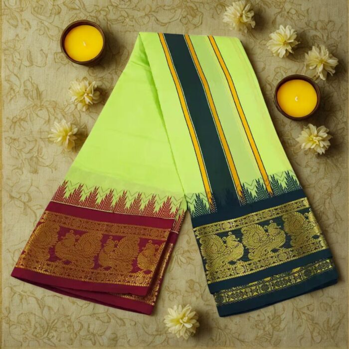 Lime Green Color Karishma Soft Silk 7 Inch Border Fine Quality Dhoti - Image 2
