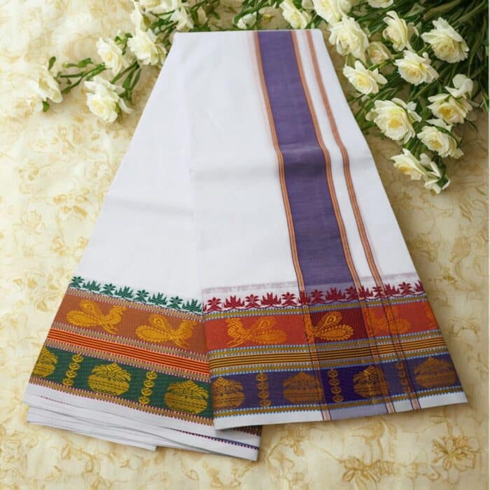 Dual Border Designed 7" Border White Premium Quality Dhoti 9X5 - Image 4