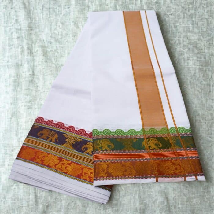 Dual Border Designed 7" Border White Premium Quality Dhoti 9X5 - Image 3