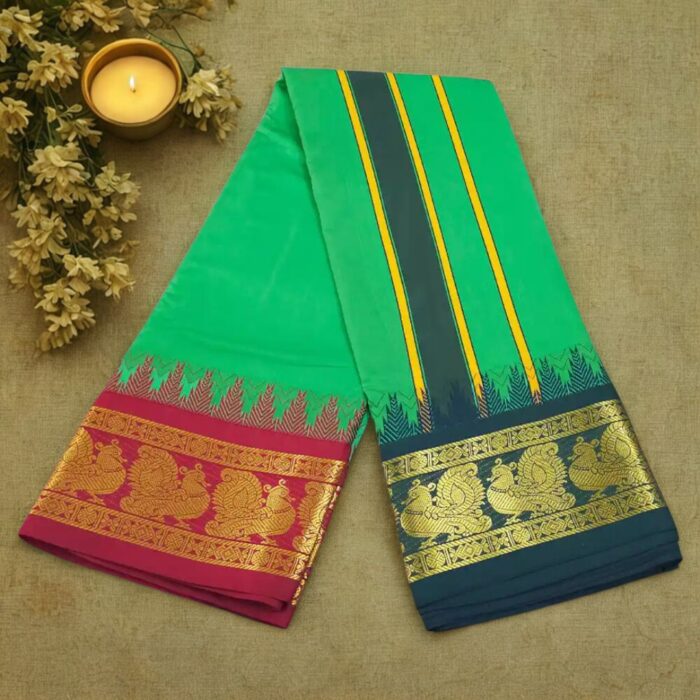 Leaf Green Color Karishma Soft Silk 7 Inch Border Fine Quality Dhoti - Image 2