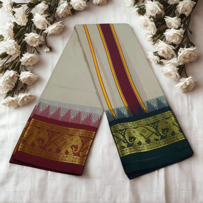 Ivory Color Karishma Soft Silk 7 Inch Border Fine Quality Dhoti - Image 2
