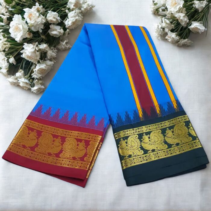 Ink Blue Color Karishma Soft Silk 7 Inch Border Fine Quality Dhoti - Image 2