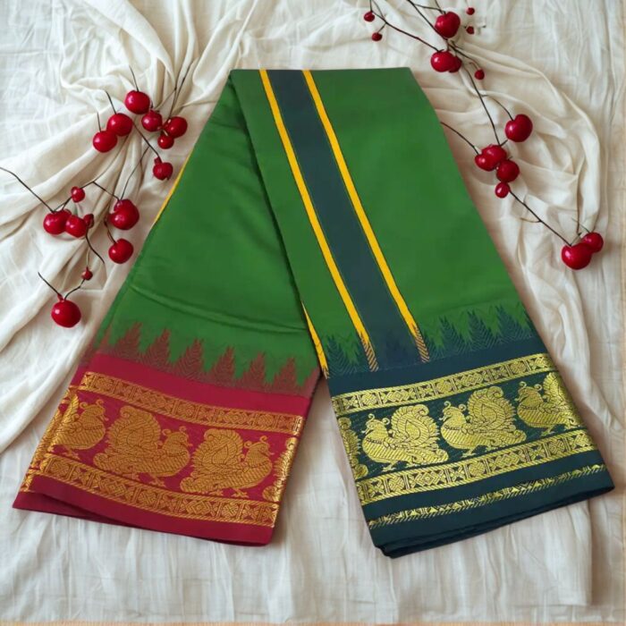 Dark Green Color Karishma Soft Silk 7 Inch Border Fine Quality Dhoti - Image 2