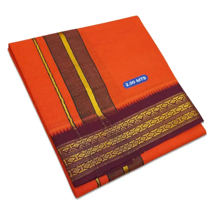 Orange Color Dhoti with Udraj/Coin Border Lungi 2 Meter - Image 1