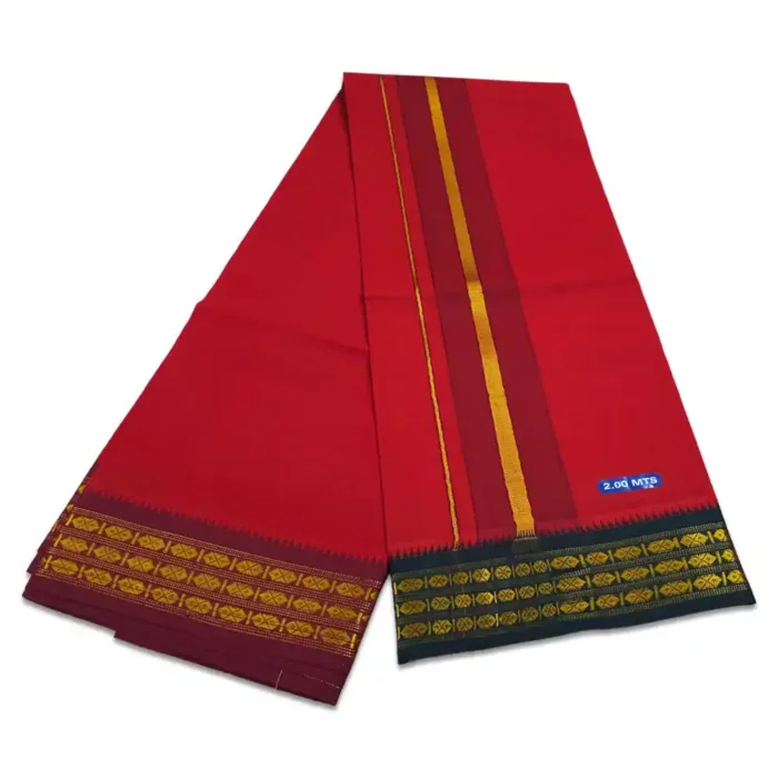 Red Color Dhoti with Udraj/Coin Border Lungi 2 Meter - Image 2