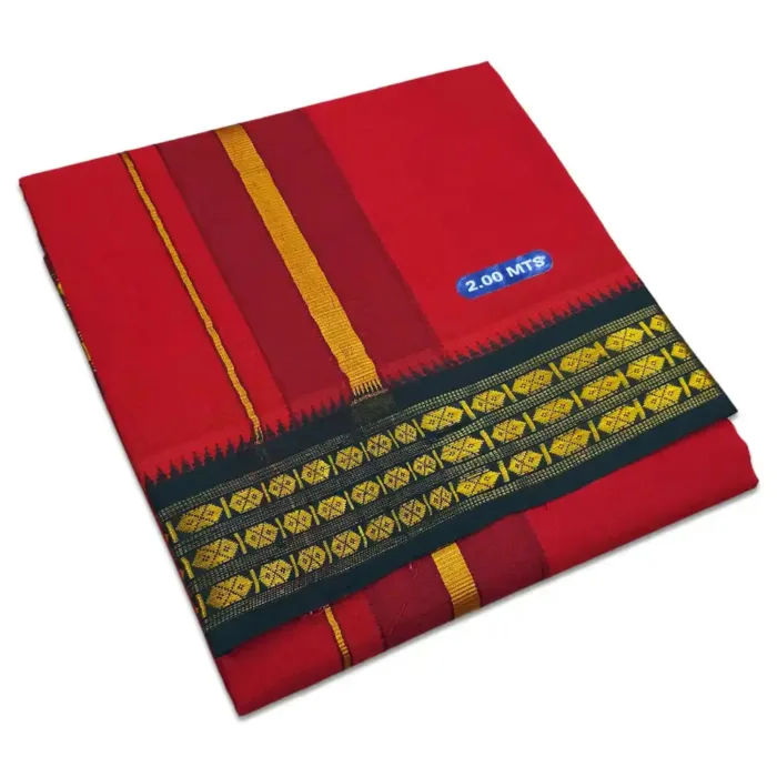 Red Color Dhoti with Udraj/Coin Border Lungi 2 Meter - Image 1