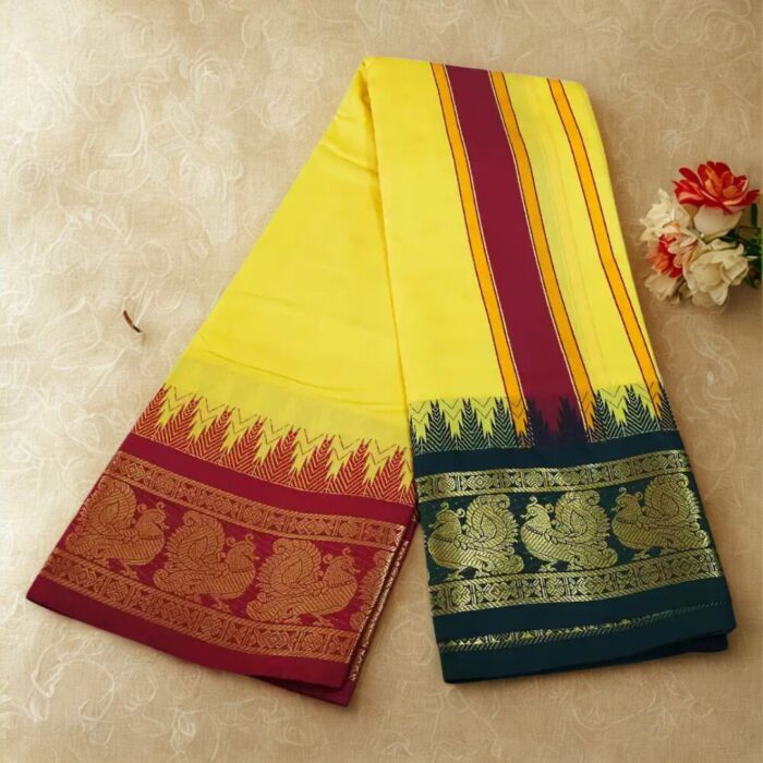 Yellow Color Karishma Soft Silk 7 Inch Border Fine Quality Dhoti - Image 2