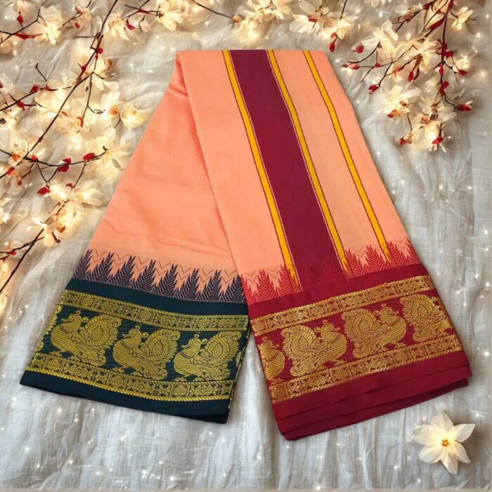 Coral Color Karishma Soft Silk 7 Inch Border Fine Quality Dhoti - Image 2