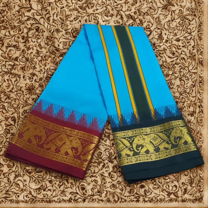 Anandha Blue Color Karishma Soft Silk 7 Inch Border Fine Quality Dhoti - Image 2