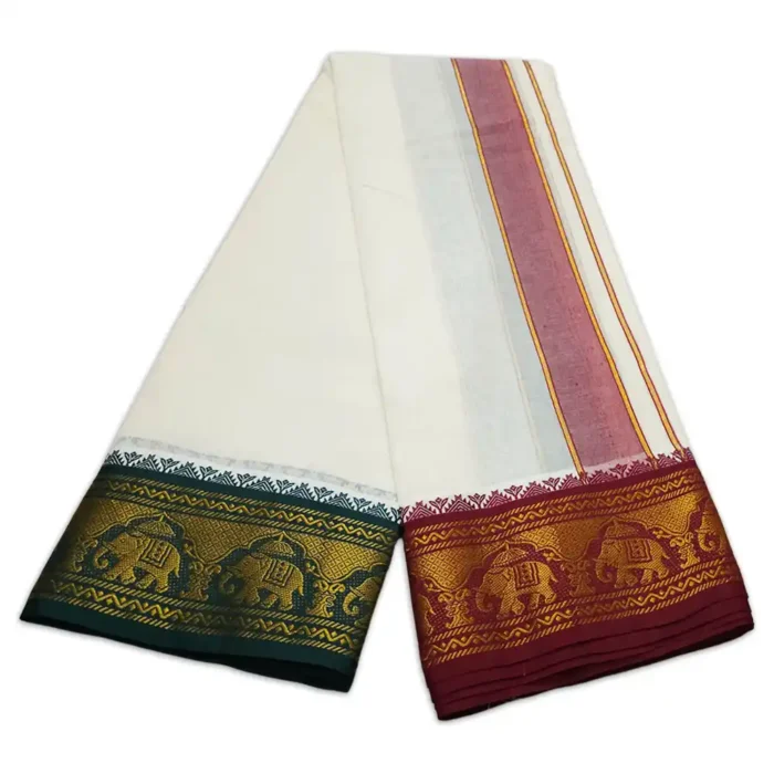 Elephant Designed 5 Inch Border Half White Dhoti - Image 2
