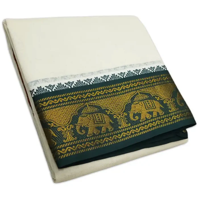 Elephant Designed 5 Inch Border Half White Dhoti - Image 1