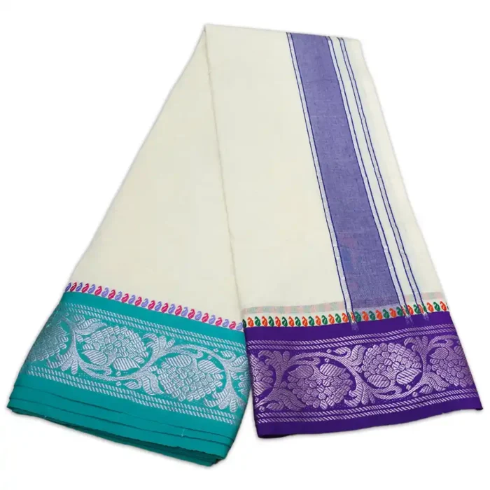 Flower Designed 5 Inch Border Half White Dhoti - Image 2
