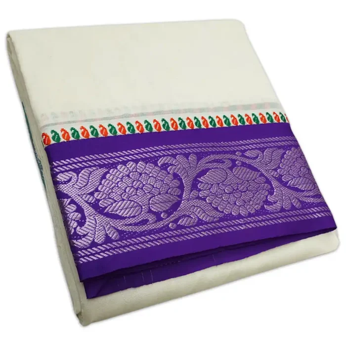 Flower Designed 5 Inch Border Half White Dhoti - Image 1
