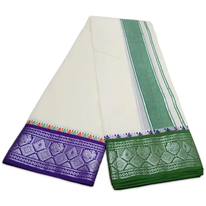 Peacock Designed 5 Inch Border Half White Dhoti - Image 2