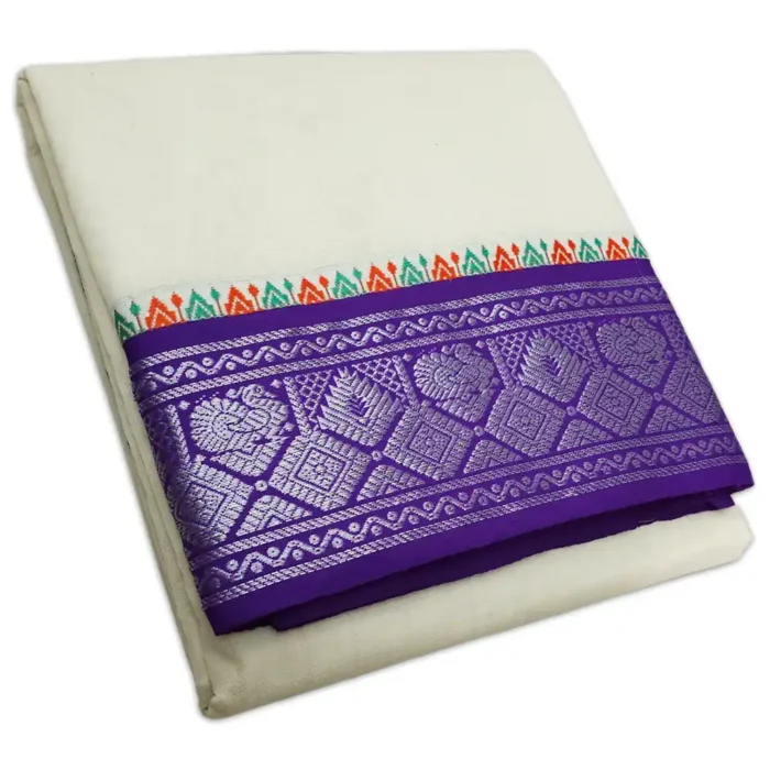 Peacock Designed 5 Inch Border Half White Dhoti - Image 1