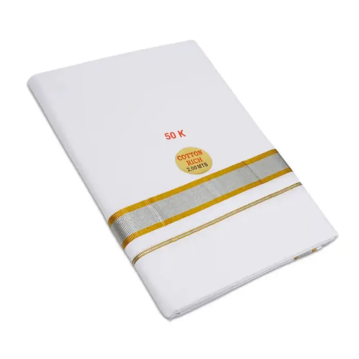 White Color Dhoti with Silver Gold Border Dhoti/Lungi - Image 1
