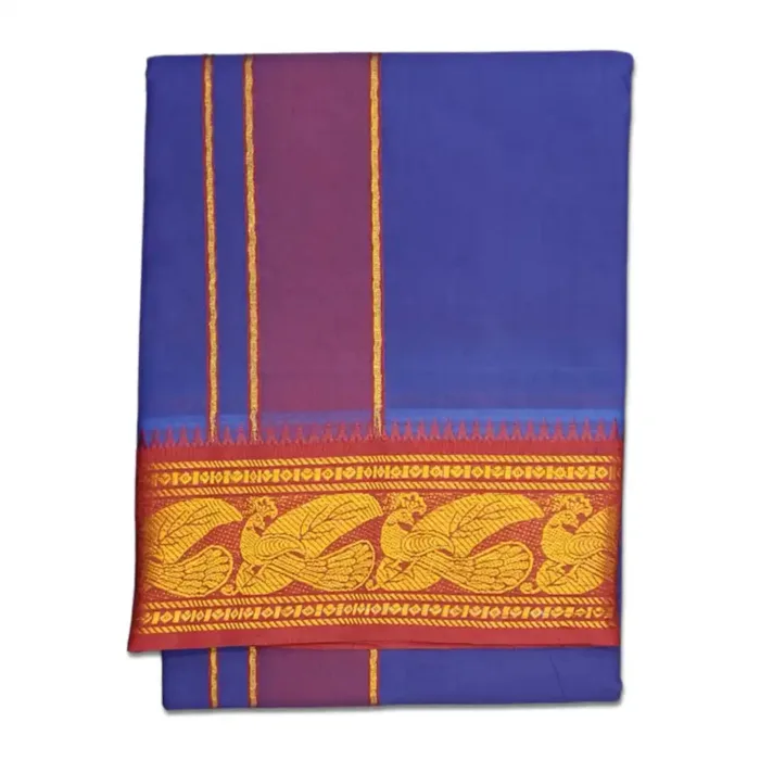 Blue Color Premium Cotton 5 Inch Designed Border Dhoti - Image 1