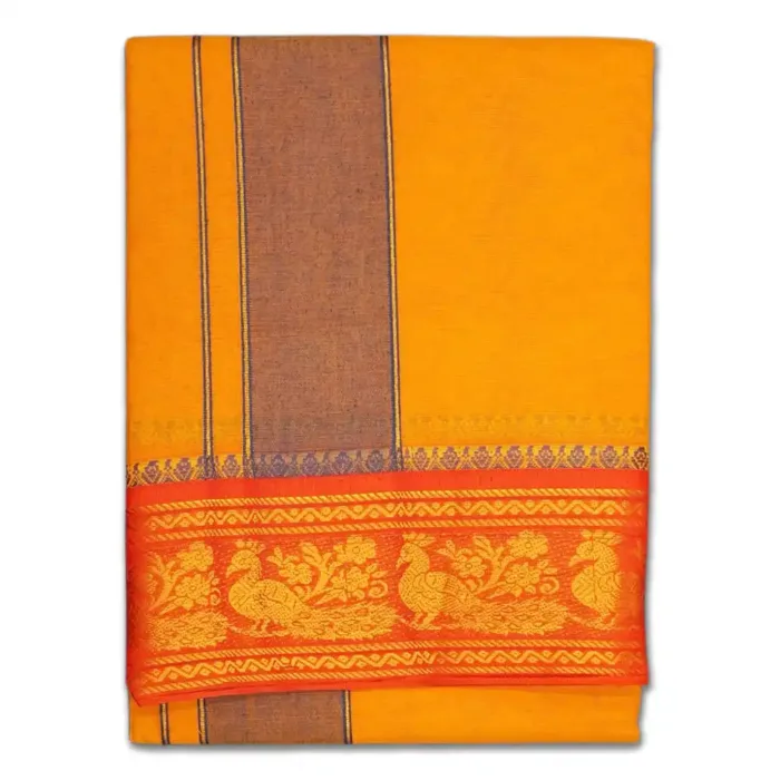 Golden Mango Color Premium Cotton 5 Inch Designed Border Dhoti - Image 1